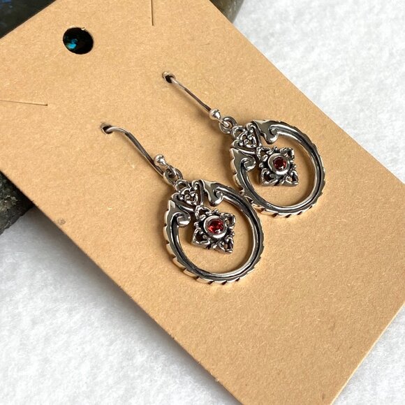 Sterling Silver 925 SX Thailand Garnet Scrollwork Dangle Drop Earrings - Picture 3 of 16